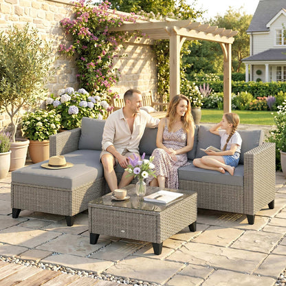 5-Piece Rattan Patio Furniture Set with Corner Sofa, Footstools, Coffee Table, for Poolside, Brown
