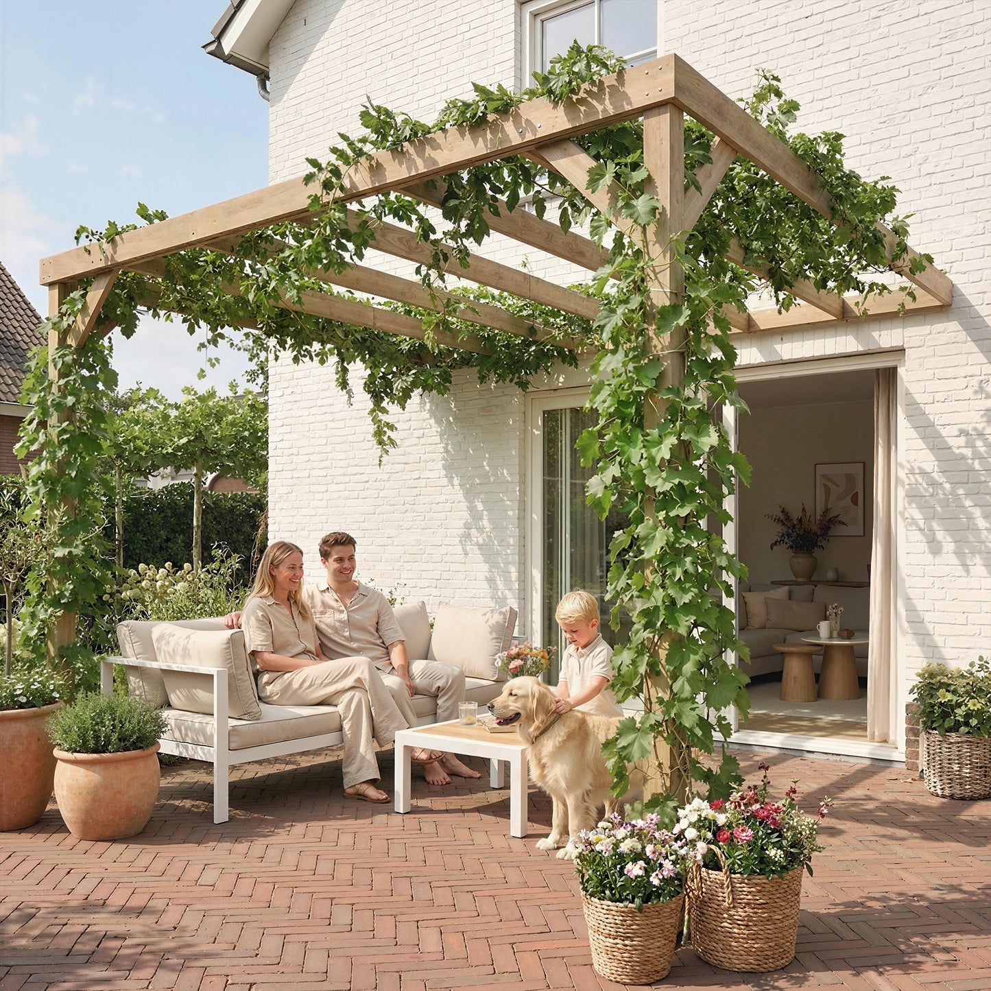 Lean-To Wooden Pergola Kit, Decorative Garden Gazebo with Stable Structure and Concrete Anchors, 3 x 3 m, Light Brown