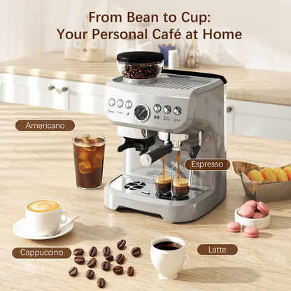 15 Bar Coffee Machine with 15 Adjustable Grind Setting, Steamer and Complete Kit - Silver Colour