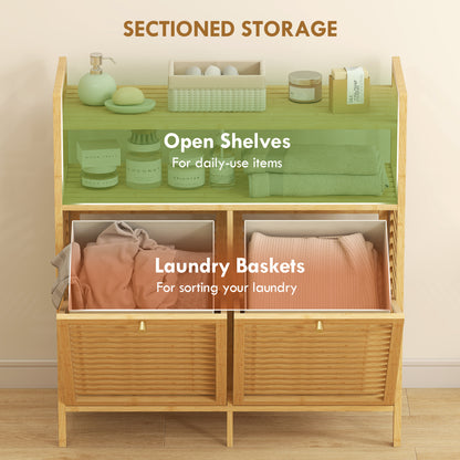 Double Tilt Out Bamboo Laundry Cabinet, Freestanding Bathroom Cabinet with 2 Removable Baskets, Natural