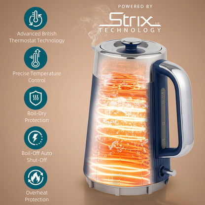 Electric Stainless Steel Kettle and Toaster Set, 3000W 1.7L UK Strix Thermostat Dark Blue