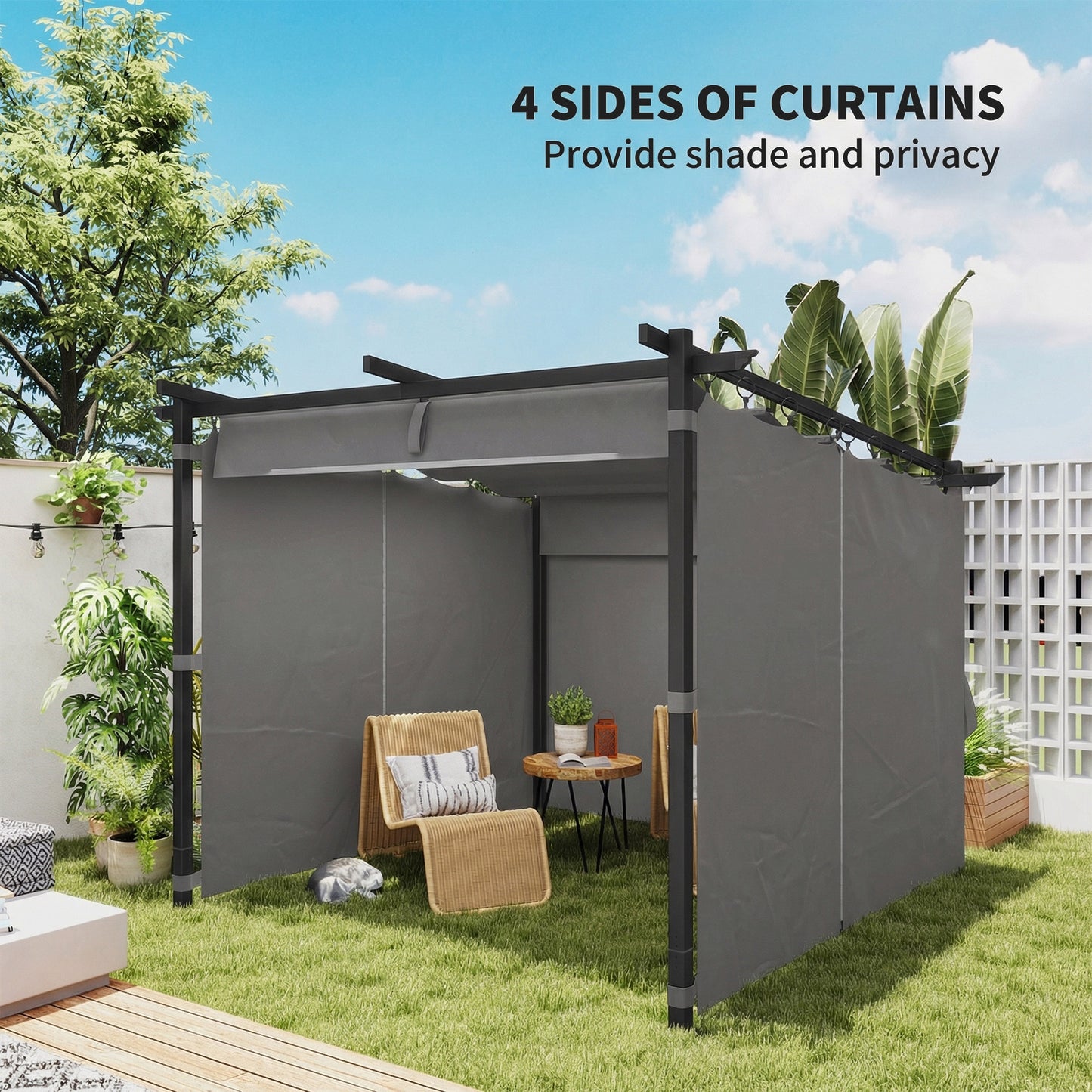 3 x 3 m Retractable Roof Pergola, with Curtains - Light Grey