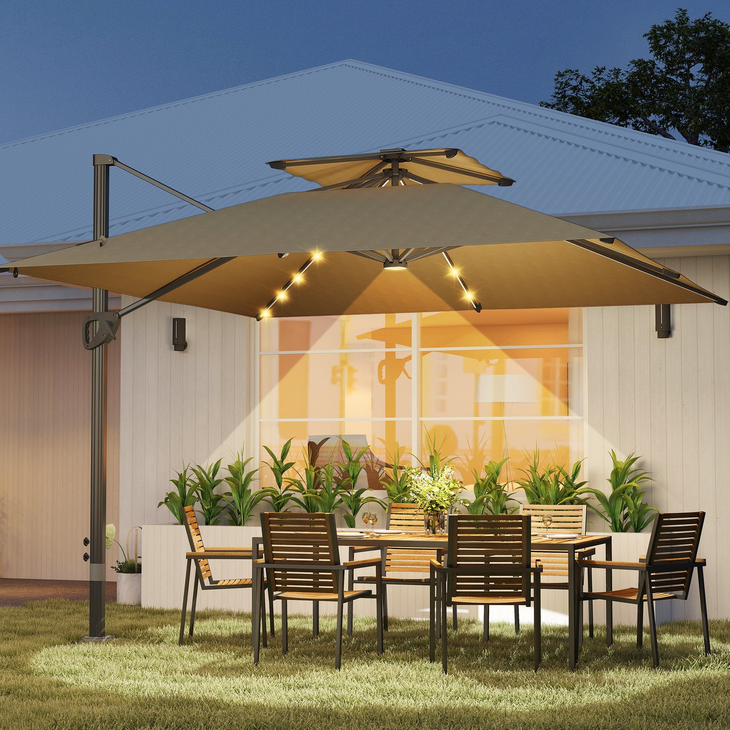 Multi-Angle LED Light Parasol Umbrella - Khaki