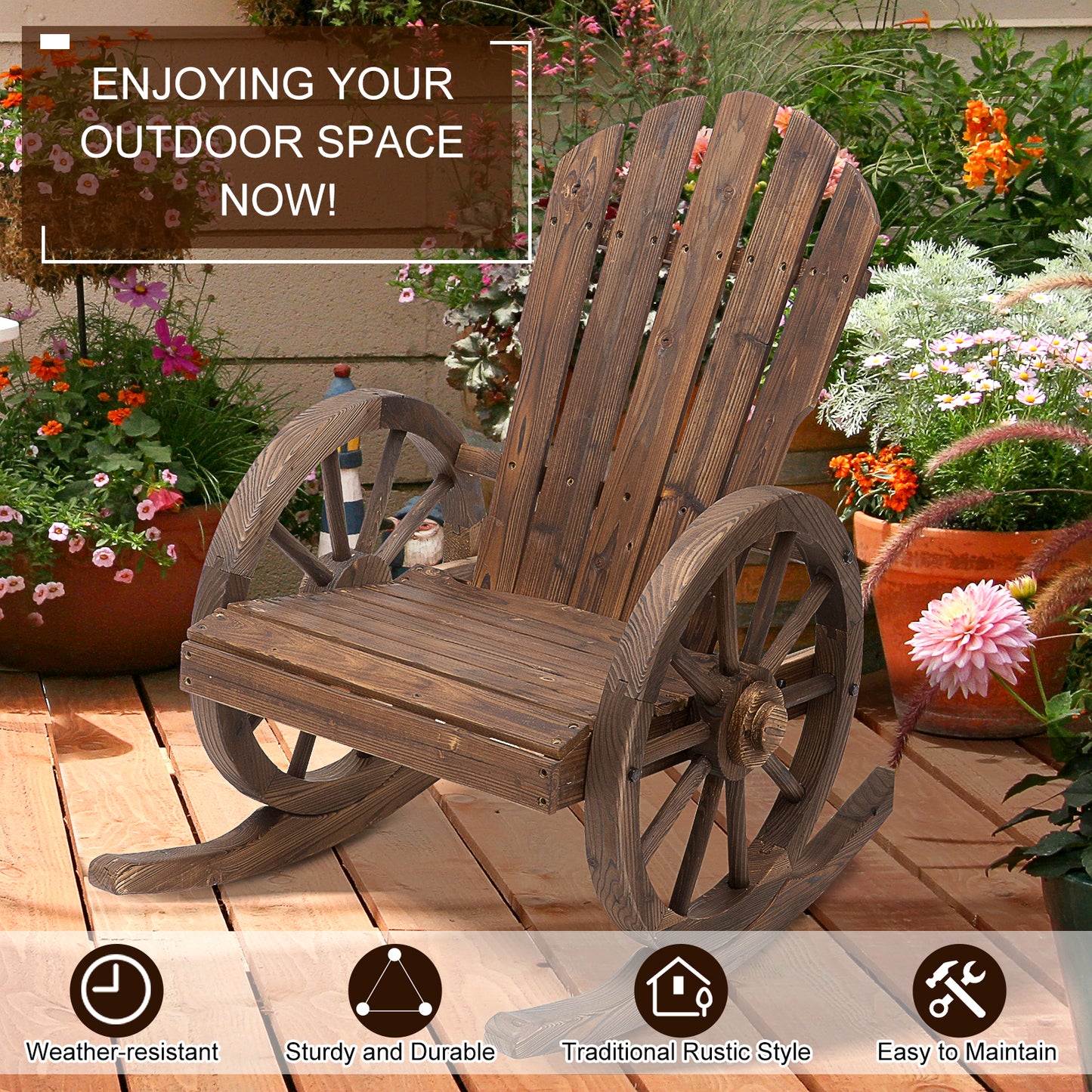 Wooden Adirondack Rocking Chair Reclining Armchair Garden Furniture Patio Porch Rocker - Carbonized Wood