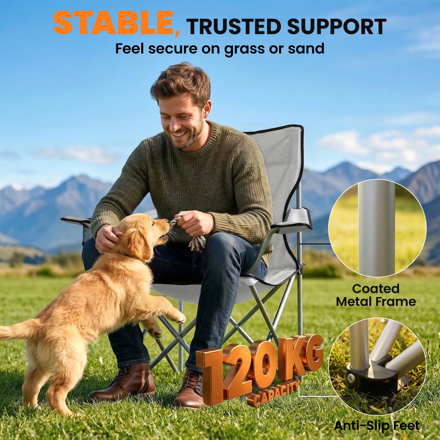 Camping Chair Set of 2 Portable Folding Outdoor Camp Chair with Cup Holders and Carry Bag Grey