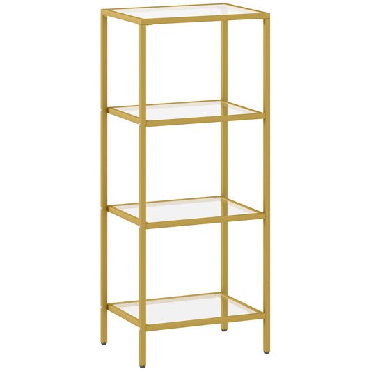 4-Tier Shelving Unit, Glass Shelf, Vertical Storage Shelf for Living Room, Home Office, Bedroom, Bathroom, Gold Tone
