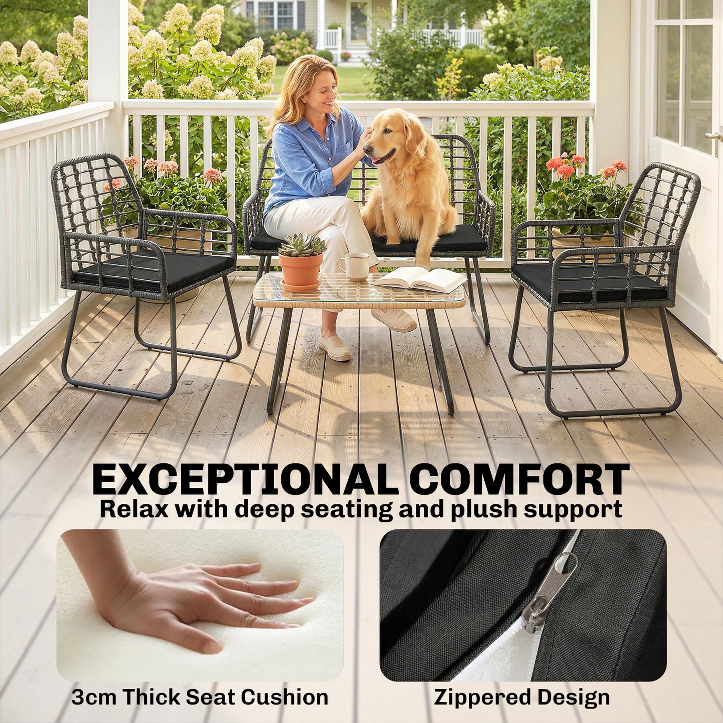4 Piece Rattan Garden Furniture Set, Outdoor Patio Furniture with Loveseat, Armchairs and Coffee Table