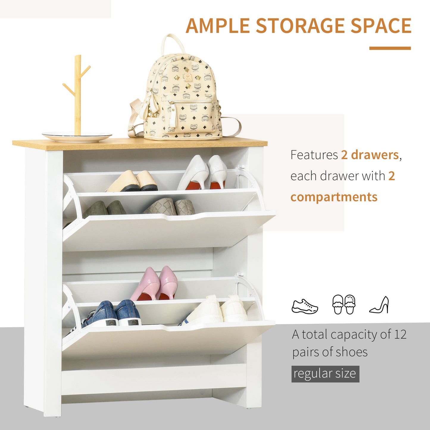 Narrow Shoe Cabinet, Space Saving Shoe Storage Cabinet with 2 Flip Drawers and Adjustable Shelves for 6-12 Pairs of Shoes for
