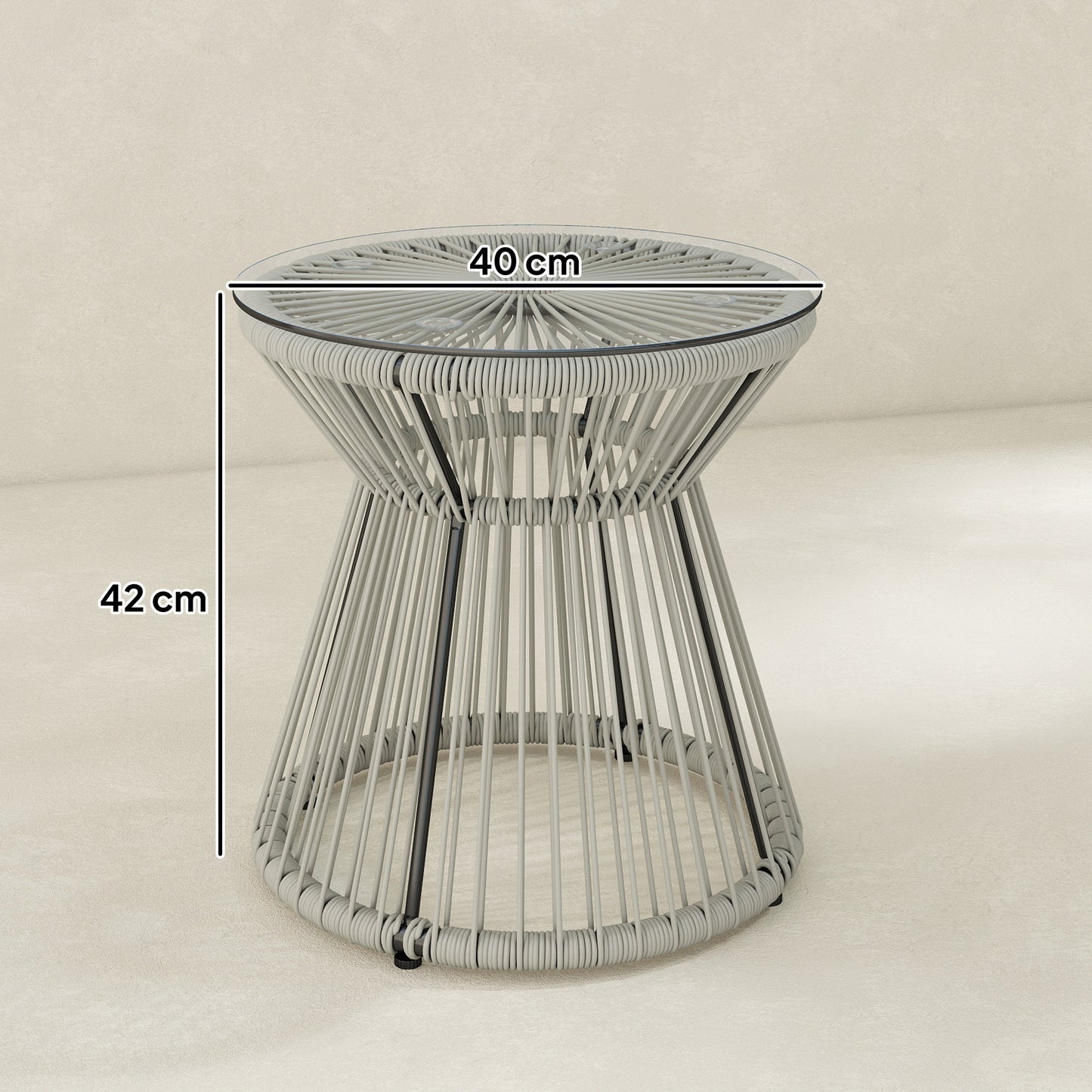Rattan Outdoor Coffee Table, PE Rattan Wicker Bistro Side Table with Tempered Glass Top, Light Grey