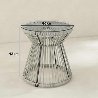 Rattan Outdoor Coffee Table, PE Rattan Wicker Bistro Side Table with Tempered Glass Top, Light Grey