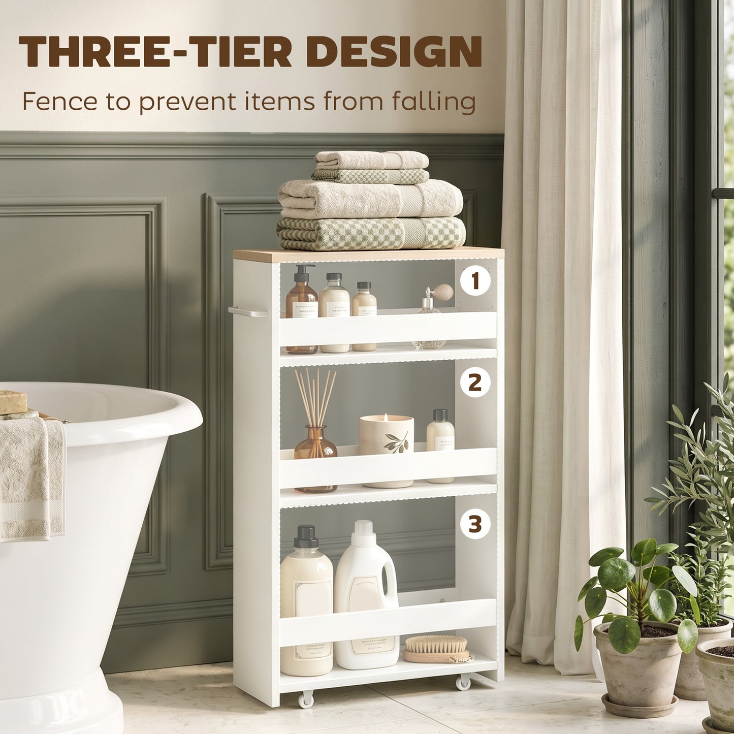 Storage Cart, 4-Tier Compact Storage Trolley on Wheels and Handle, 48W x 15D x 80H cm, White