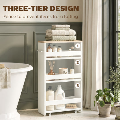 Storage Cart, 4-Tier Compact Storage Trolley on Wheels and Handle, 48W x 15D x 80H cm, White