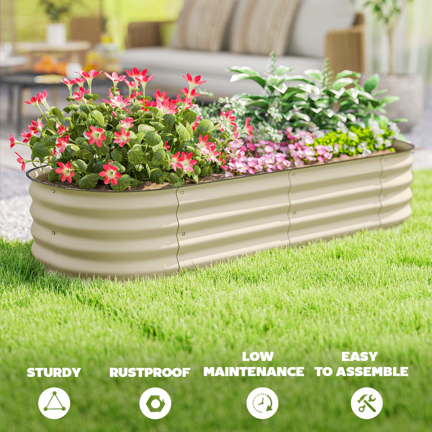 Galvanised Raised Garden Bed, Metal Planter Box with Safety Edging, for Flowers, Herbs, Succulents, Cream White
