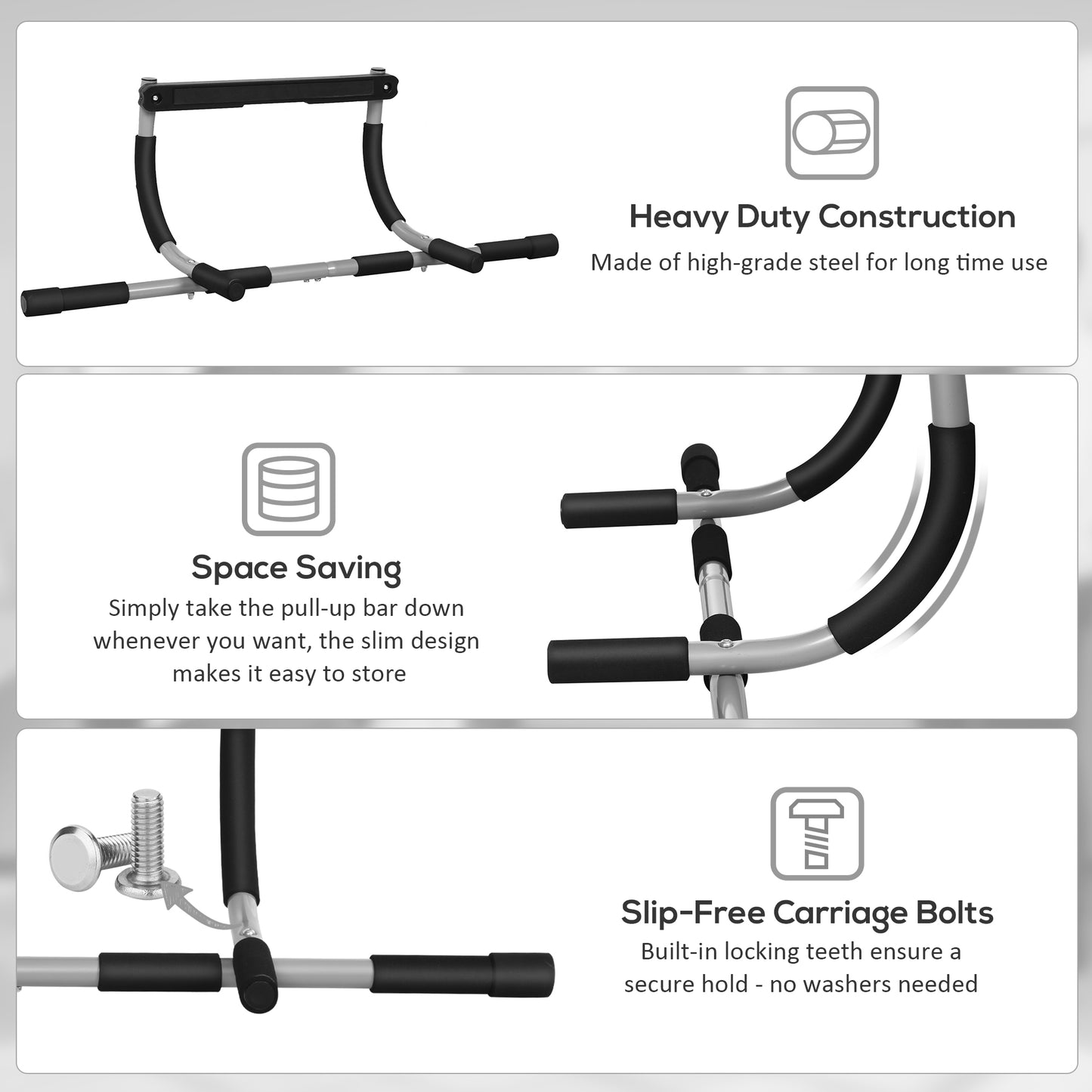 Doorway Pull up Bar, Door Frame Chin up Push up Bar for Home Gym Upper Body Workout, No Drilling or Screws, Grey