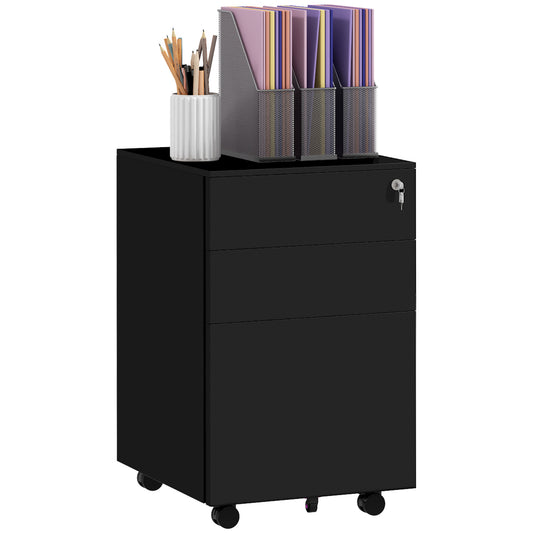 3-Drawer Vertical Filing Cabinet with Pencil Tray, Lock and 5 Wheels, Steel Mobile File Cabinet, for A4