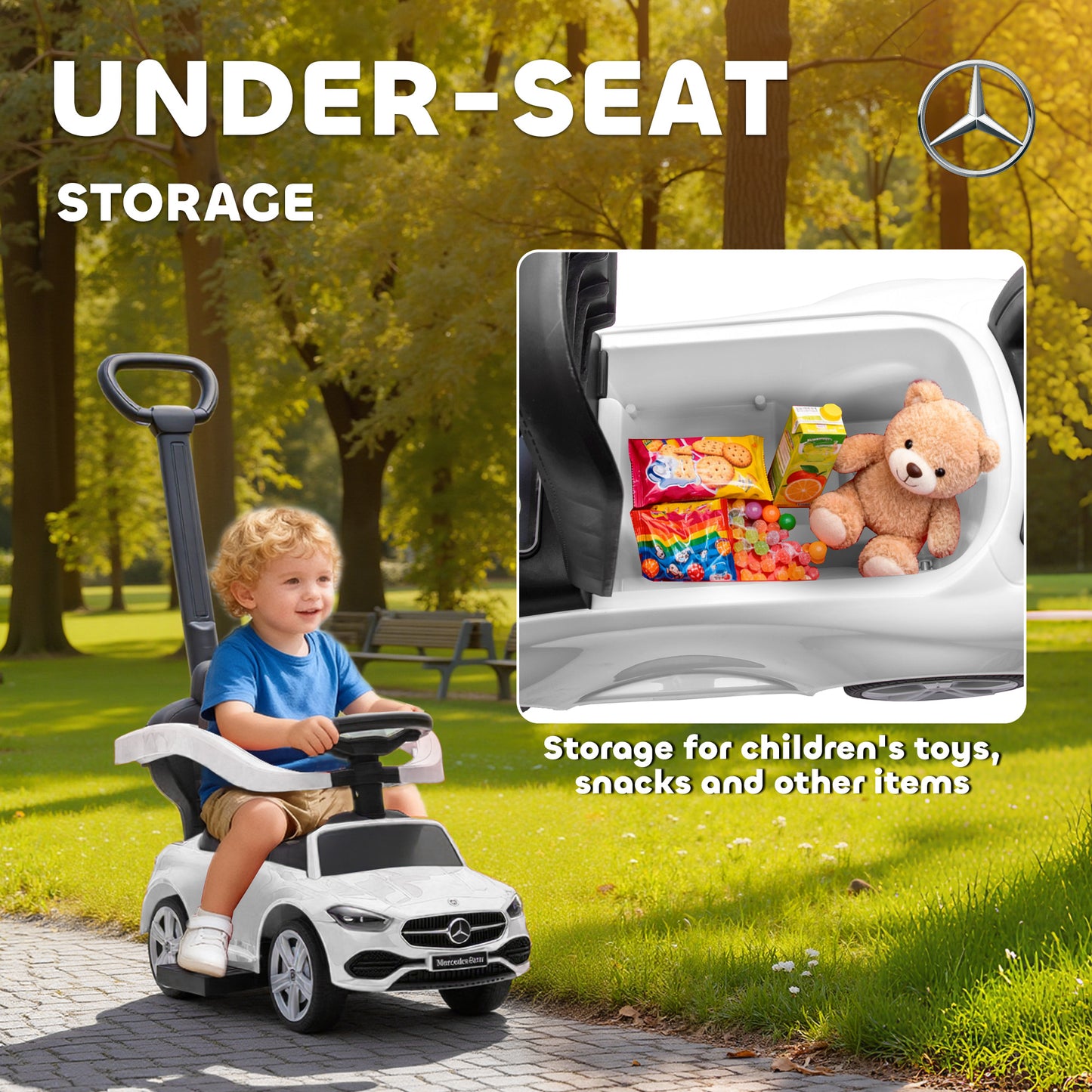 2 in 1 Baby Ride on Push Car Mercedes-Benz C-Class Licensed Walker Foot to Floor Push-Along with Removable Handle, White