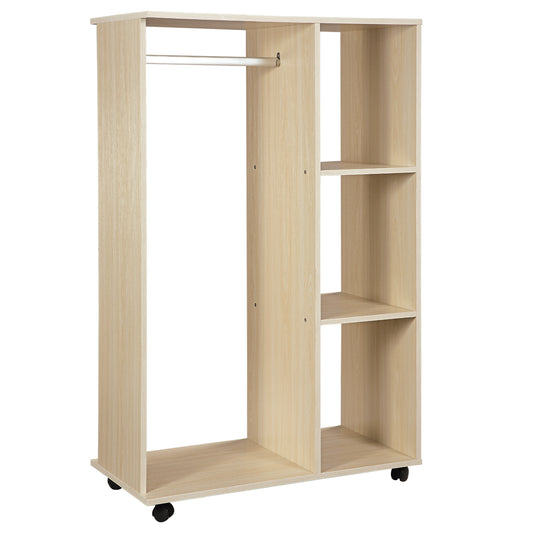 Open Wardrobe on Wheels, Bedroom Wardrobe with Clothes Hanging Rail, 3 Storage Shelves, Mobile Garment Rack for Cloakroom