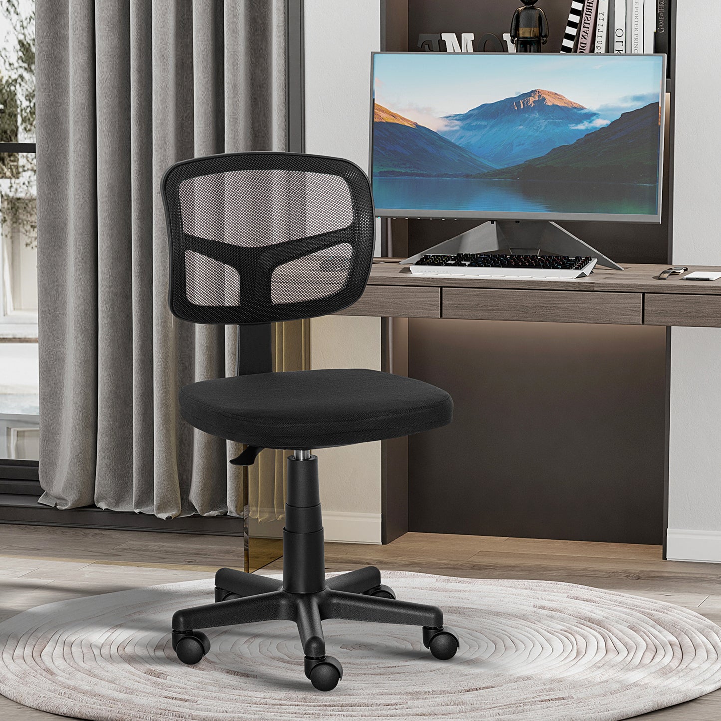 Small Office Chair without Arms, Ergonomic Swivel Mesh Desk Chair with Curved Back and Wheels, Height Adjustable