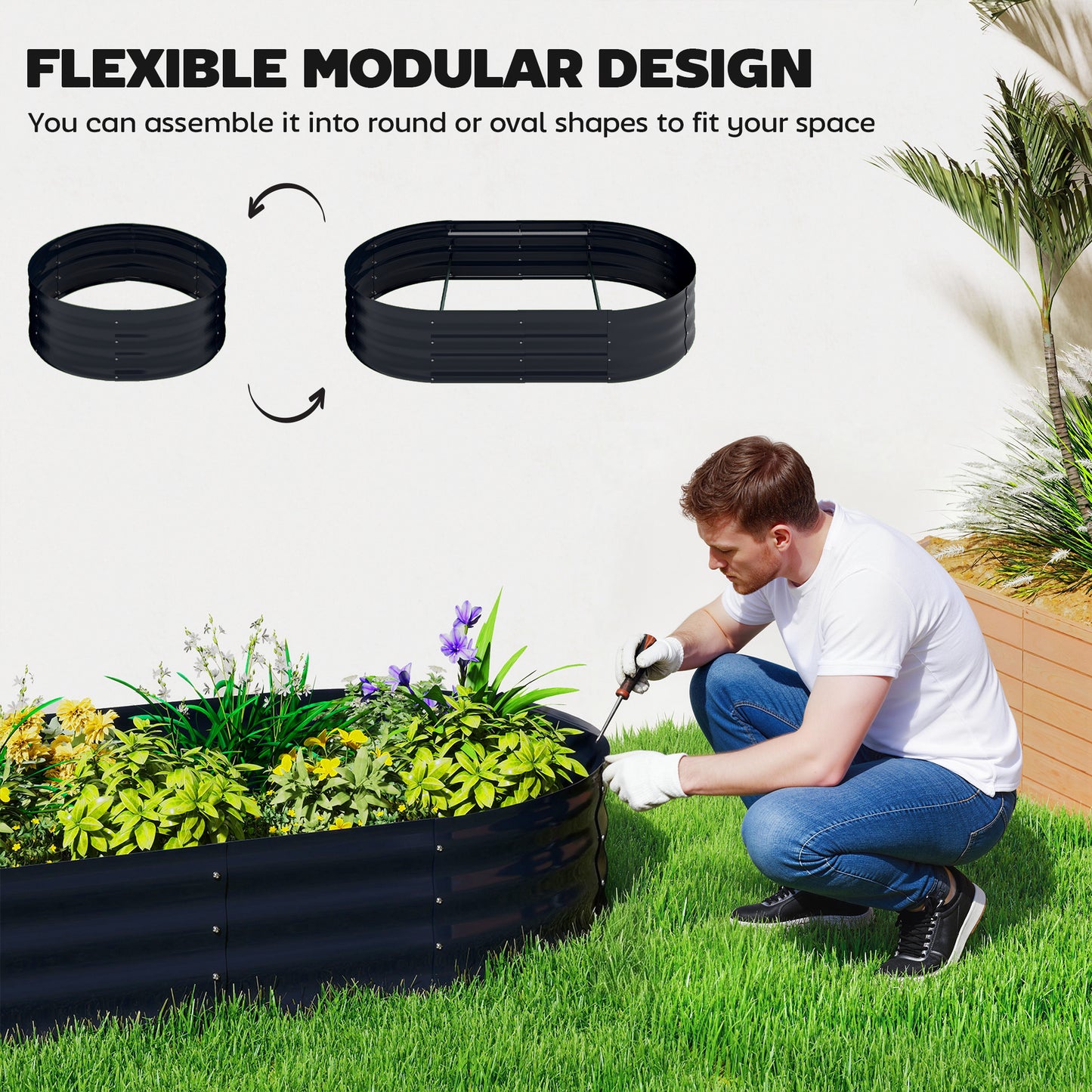 Galvanised Raised Garden Bed with Arched Trellis, 5 x 3 x 6ft Metal Raised Bed for Garden with Open Bottom, Dark Grey
