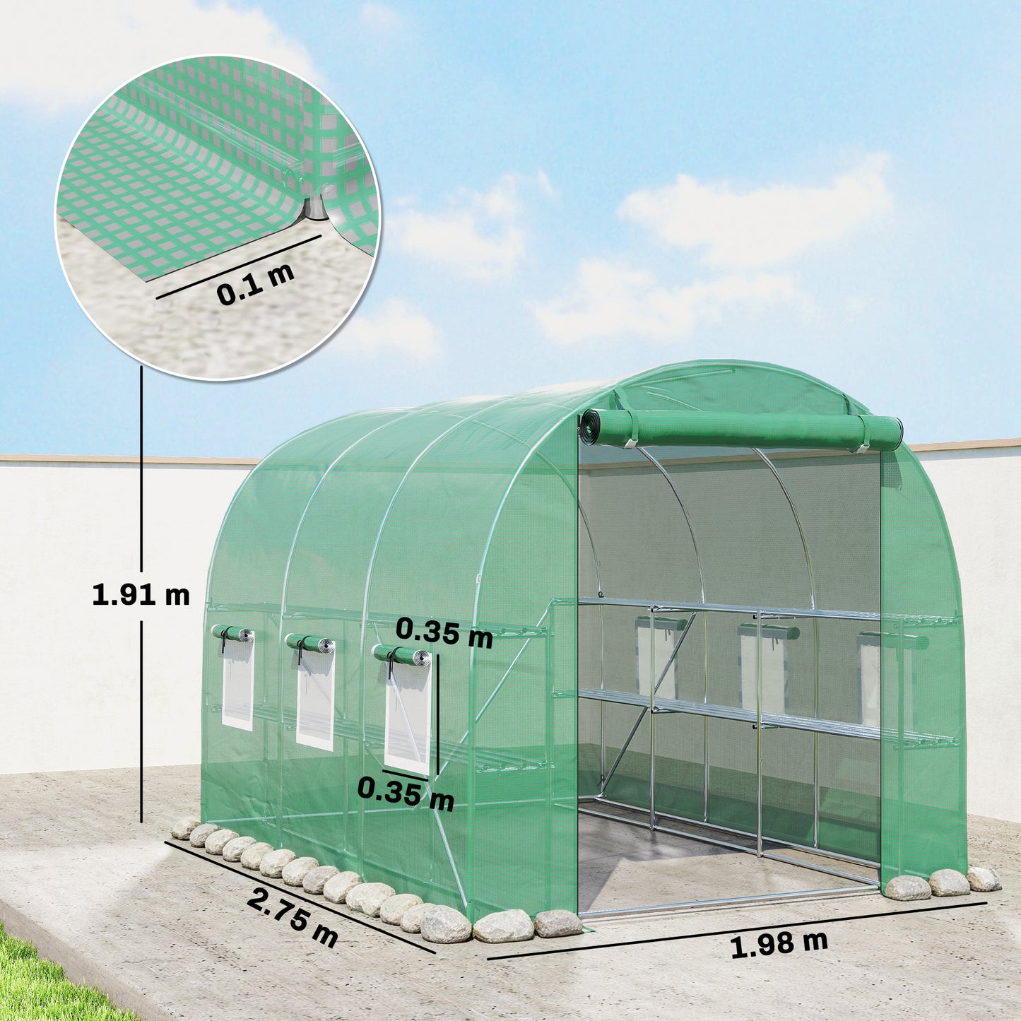 Walk-in Greenhouse with Shelves, Polytunnel Greenhouse with Roll-Up Door, 6 Mesh Windows,198 x 275 x 191 cm, Green