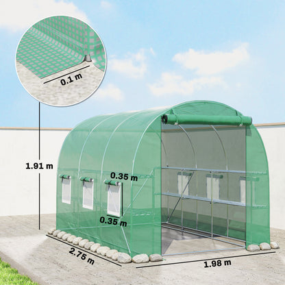 Walk-in Greenhouse with Shelves, Polytunnel Greenhouse with Roll-Up Door, 6 Mesh Windows,198 x 275 x 191 cm, Green