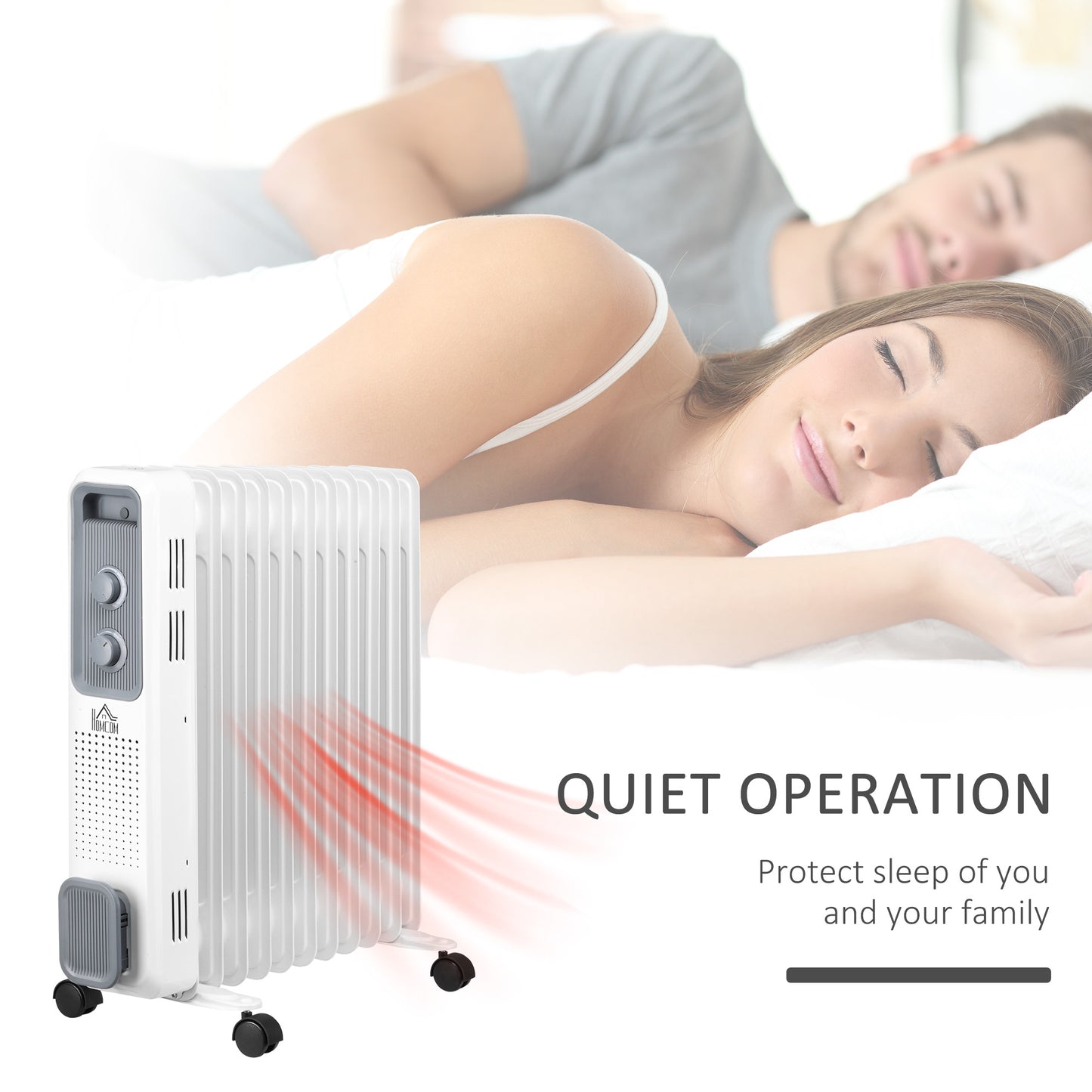 2500W Oil Filled Radiator, 11 Fin, Portable Electric Heater with 3 Heat Settings, Safety Cut-Off and Wheels, White