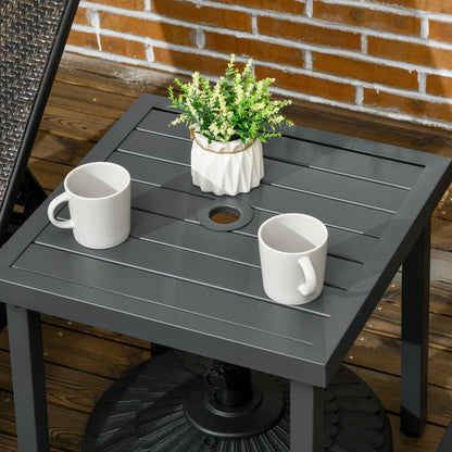Garden Side Table, 51x51cm Square Patio Coffee Table with Umbrella Hole, End Table with Steel Frame for Balcony, Grey