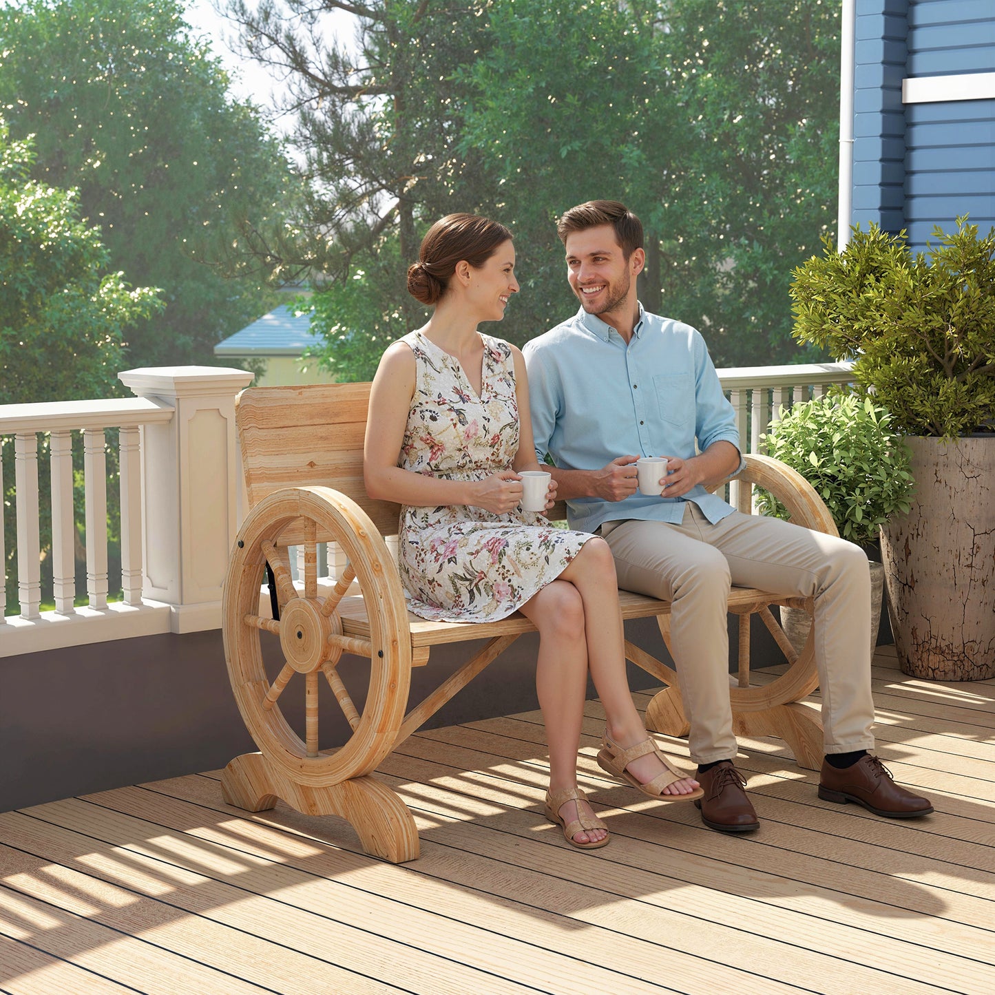 Fir Wood 2-Seater Outdoor Garden Wagon Wheel Bench, Natural Wood Finish