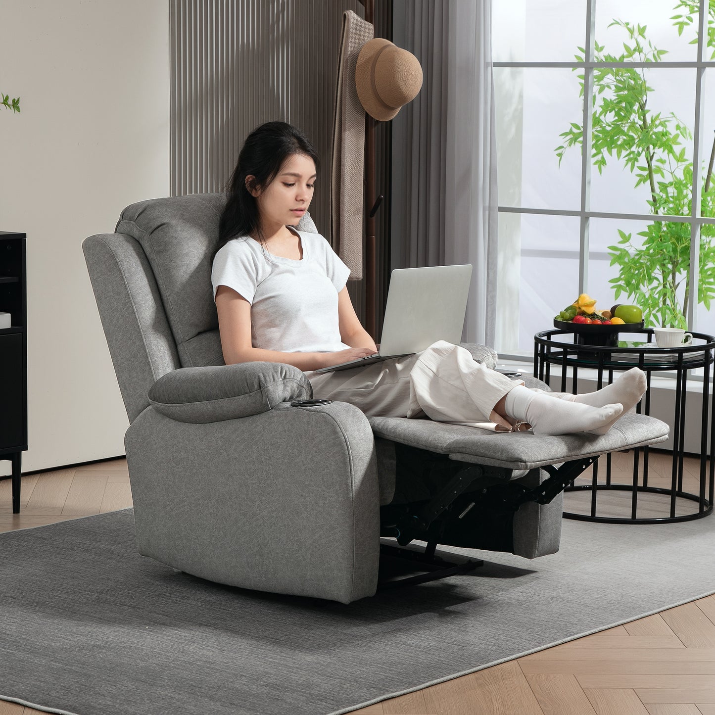 Microfibre Manual Reclining Armchair with 135° Recline Back and Footrest - Grey