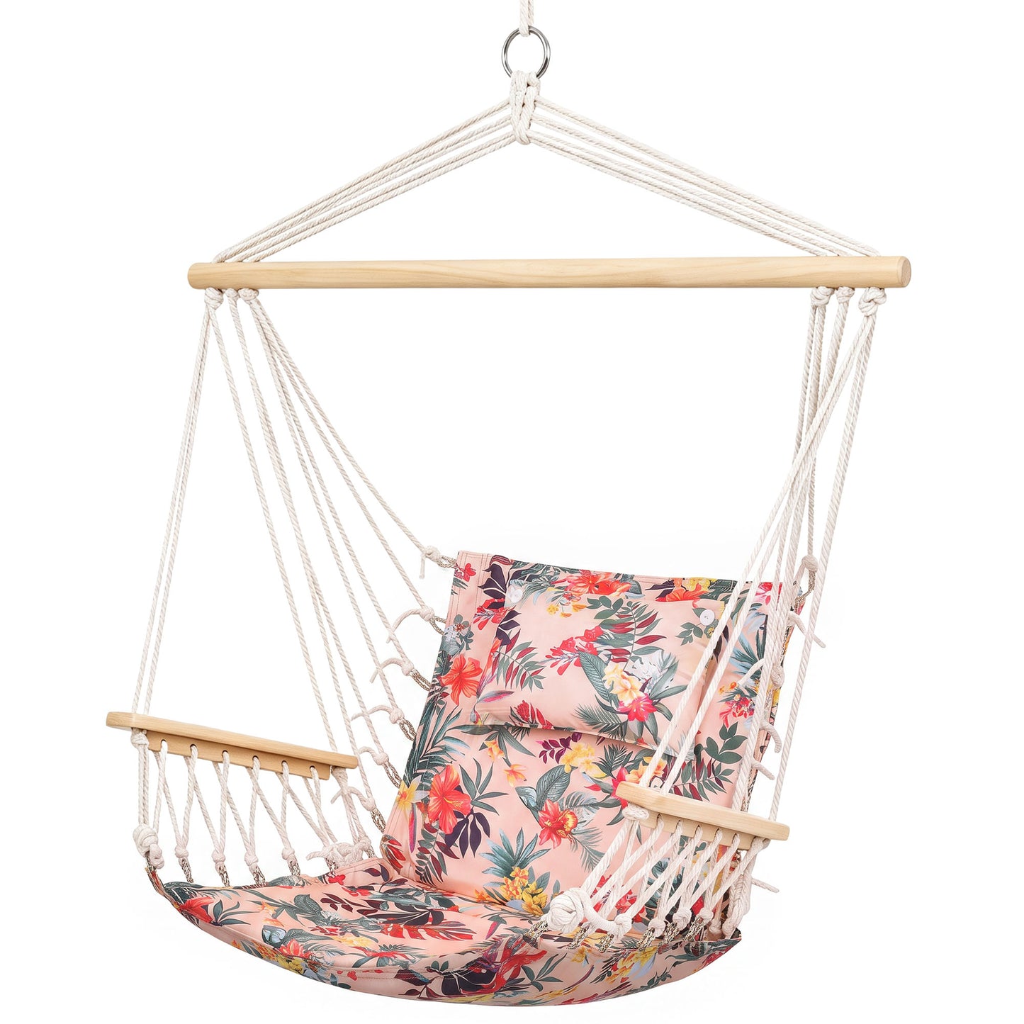 Garden Outdoor Hanging Hammock Chair Thick Rope Frame Wooden Arms Safe Garden Outdoor Spot Stylish Multicoloured floral