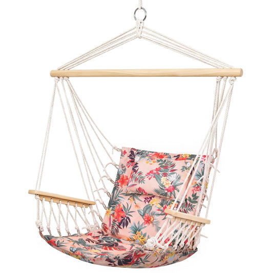 Garden Outdoor Hanging Hammock Chair Thick Rope Frame Wooden Arms Safe Garden Outdoor Spot Stylish Multicoloured floral