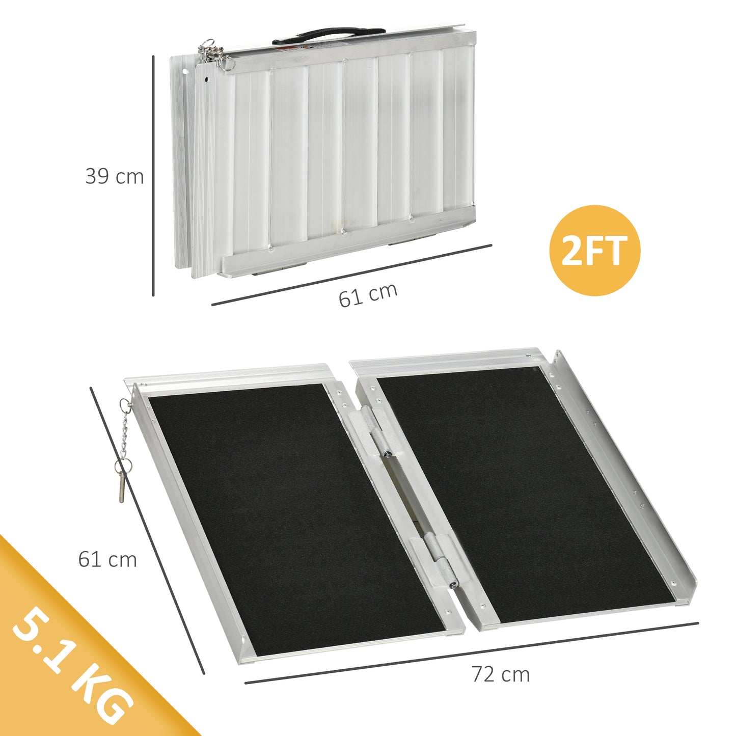 2ft Aluminium Duo Wheelchair Ramp Pushchair Mobility Assistance Folding w/ Carry Handle Locking Chain Portable 61L x 72W cm