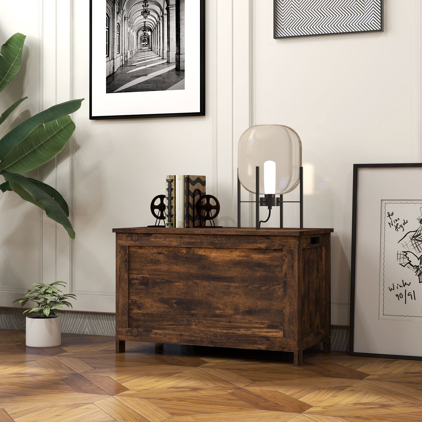 Storage Chest, Modern Storage Trunk with 2 Safety Hinges and Cut-out Handles, Wooden Toy Box for Living Room, Entryway