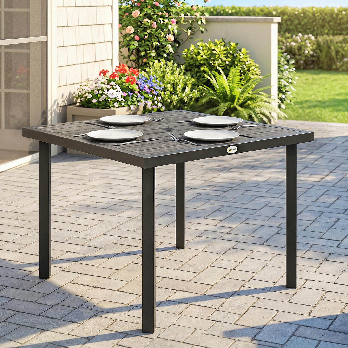 Square Garden Dining Table with Parasol Hole, Slatted Top, Metal Frame, 86 x 86 x 71 cm, Light Grey