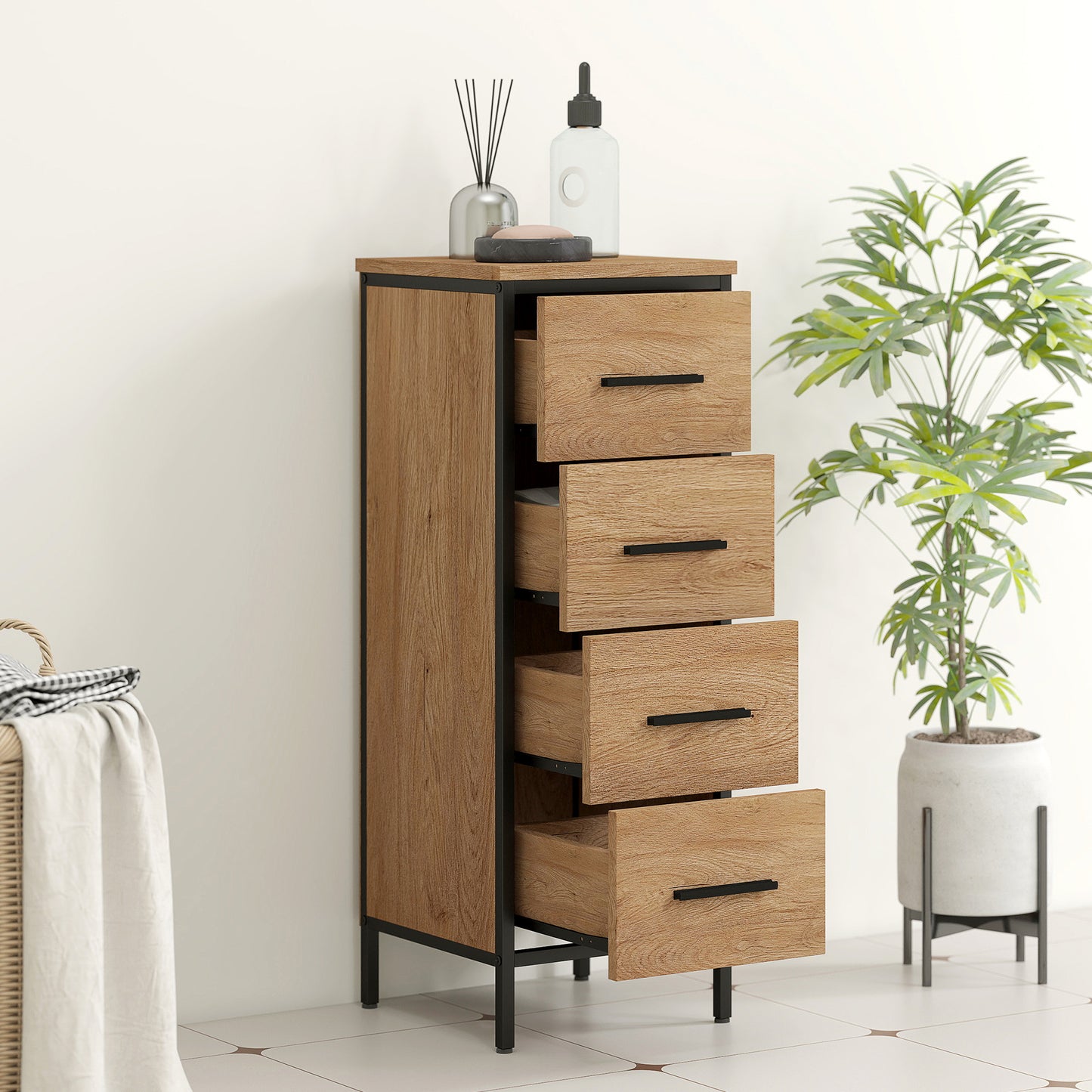Narrow Bathroom Storage Cabinet with 4 Drawers - Oak