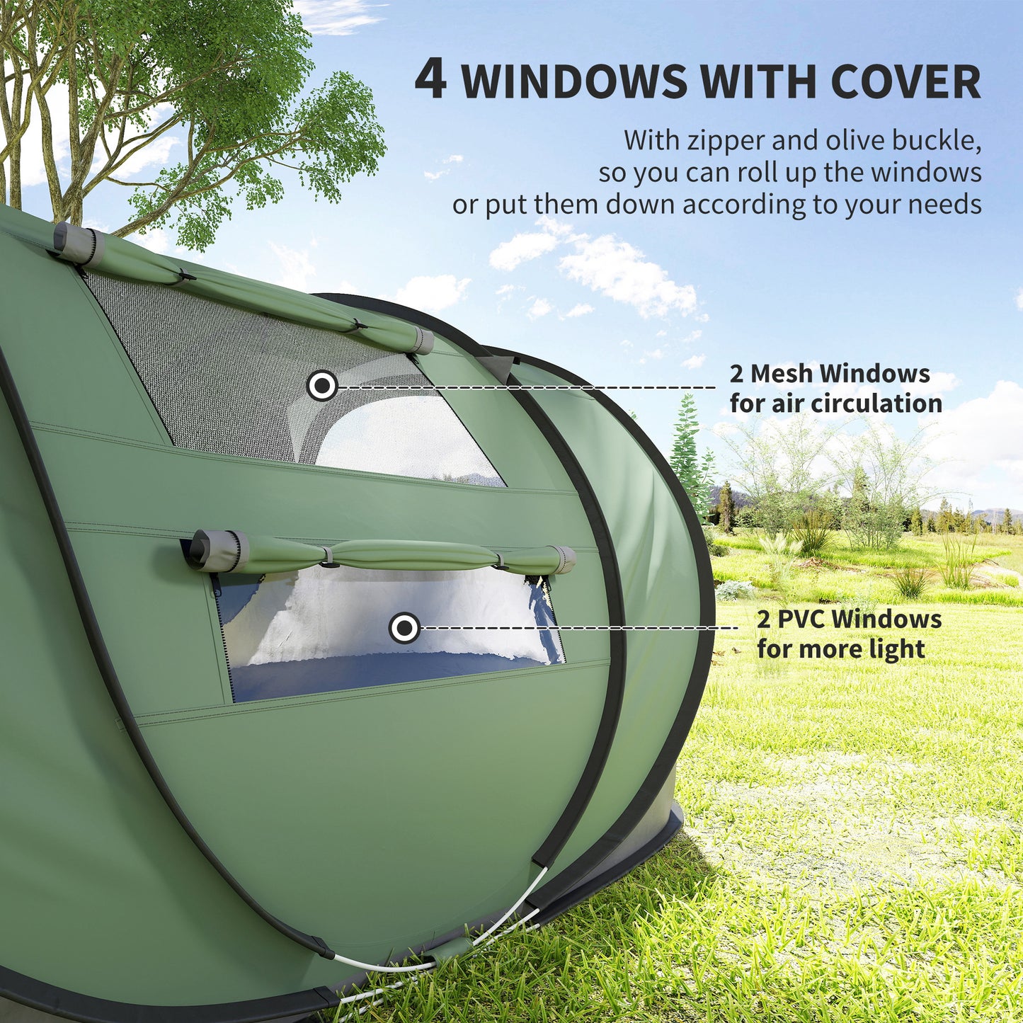 4 Person Pop-up Camping Tent, Family Dome Tent with Ground Sheet, 4 Windows and Portable Carry Bag for Beach Outdoor Trip