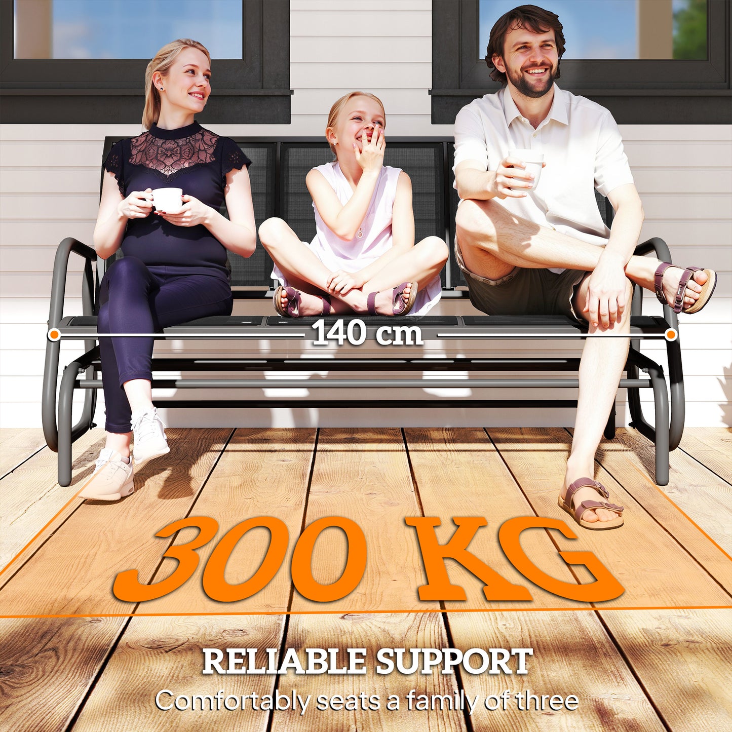 3-Seat Glider Rocking Chair for 3 People Garden Bench Patio Furniture Metal Frame, Grey