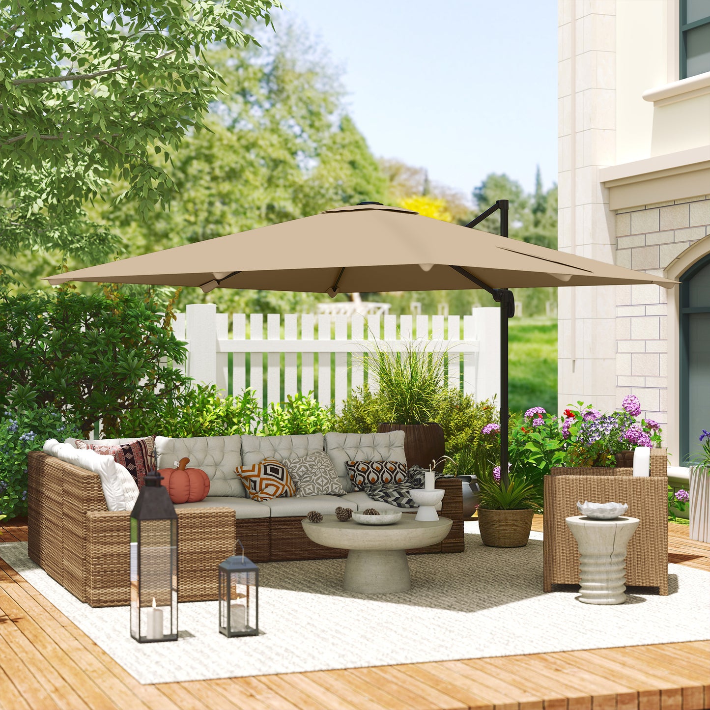 3 x 3 m Cantilever Parasol, Square Patio Umbrella with Crank Handle, Cross Base, Tilt, 360° Rotation, Khaki