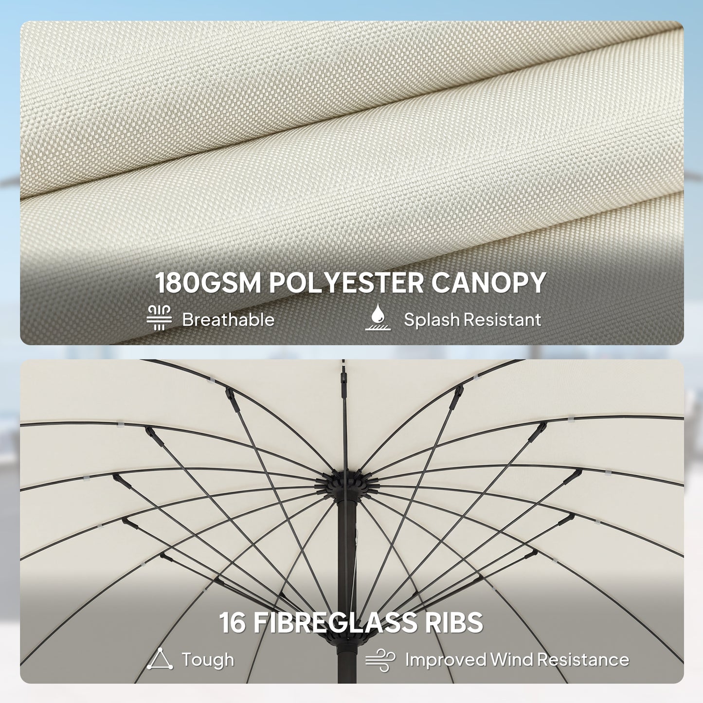 2 m Shanghai Garden Parasol Umbrella with 16 Fibreglass Ribs, Outdoor Parasol Sun Shade with Crank & Tilt, Cream White