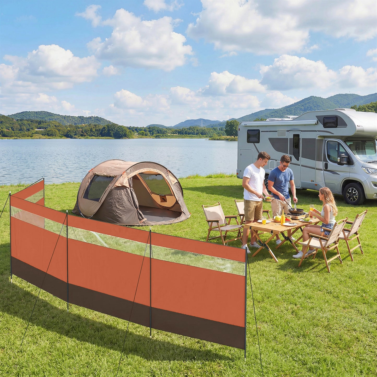 Camping Windbreaker with Clear Windows, Carry Bag and Steel Poles, for Beach Caravan Campervan, 725 x 140cm, Orange