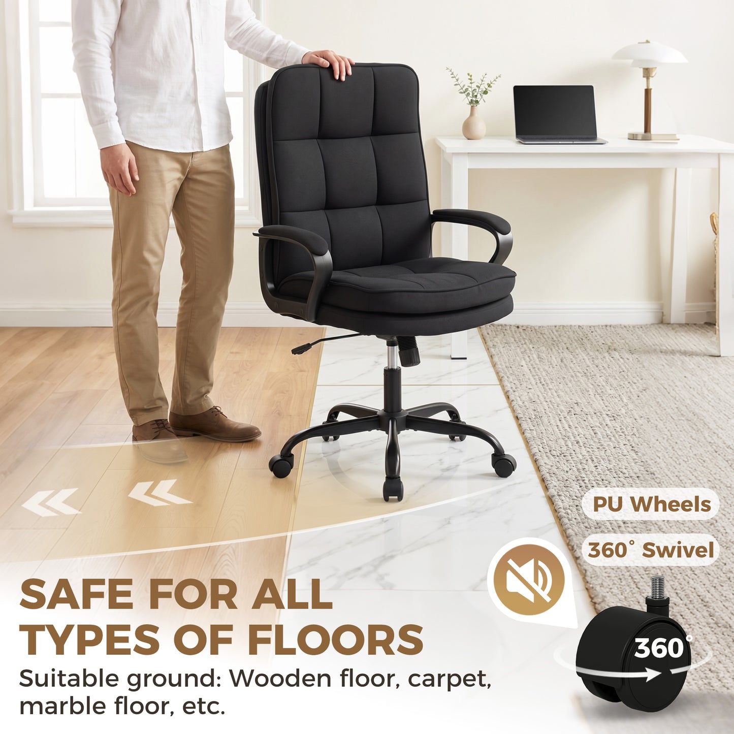 Double Padded Linen-Look Office Chair - Black