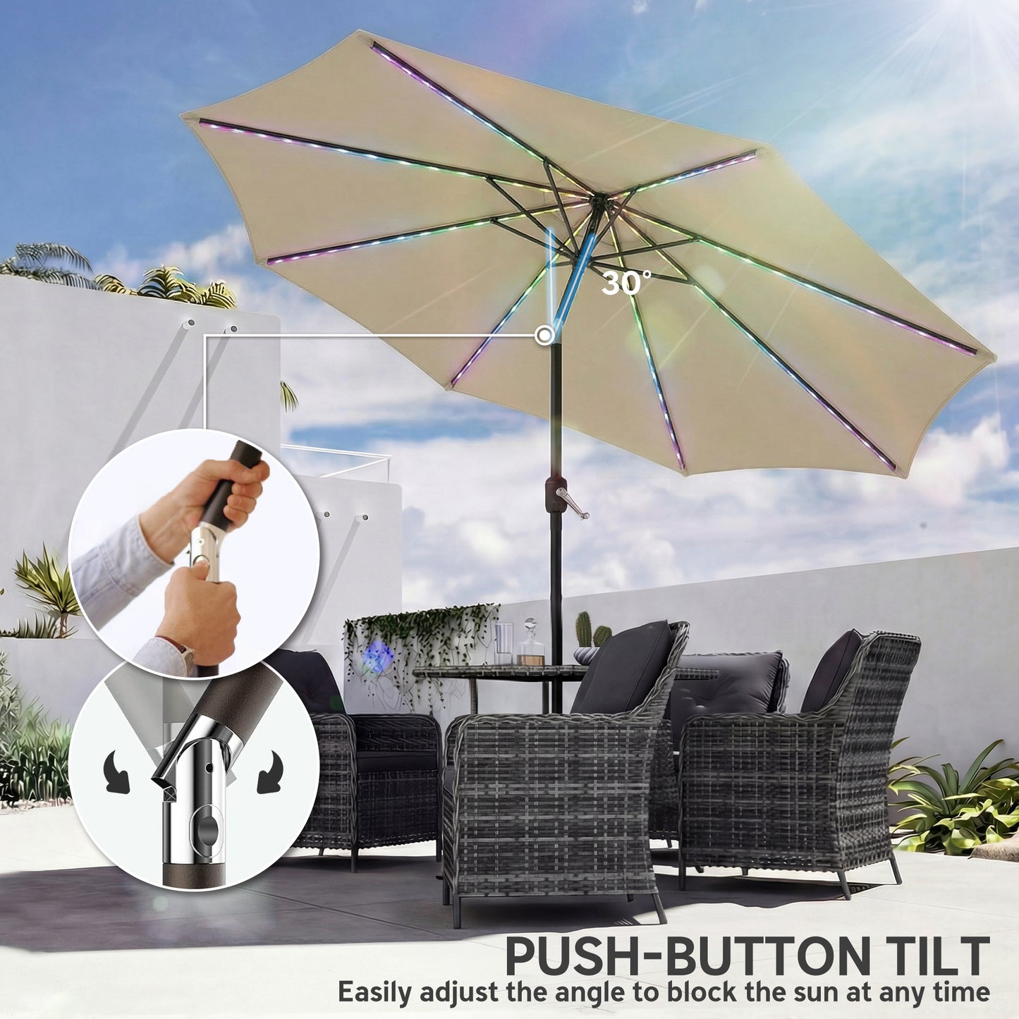 3 m Garden Parasol Umbrella with 112 Solar Powered LED Lights, Patio Umbrella with Crank Handle, Beige