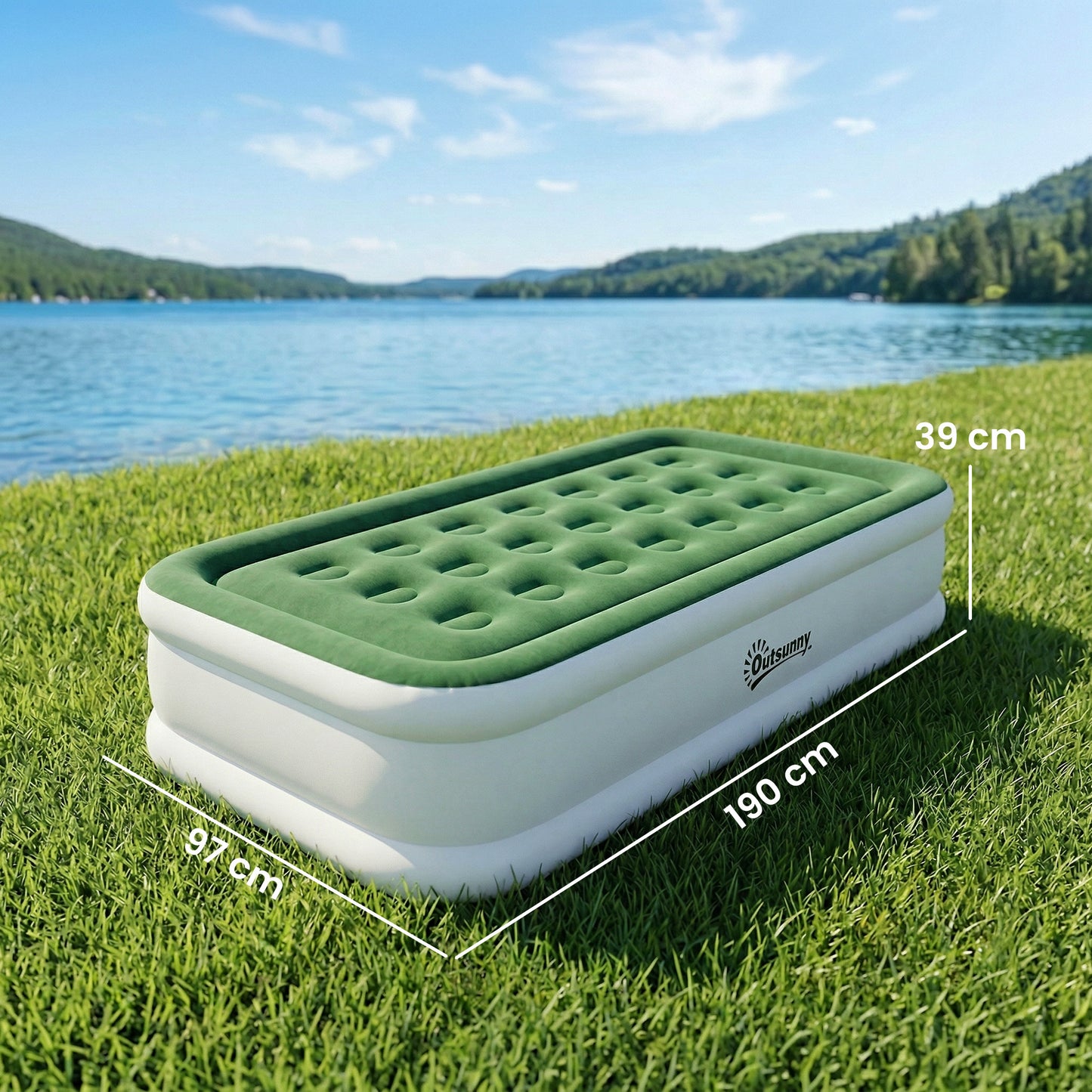 Inflatable Mattress, Single Air Bed with Built-in Electric Pump, 3 Mins Inflation, Flocked Surface, Dark Green
