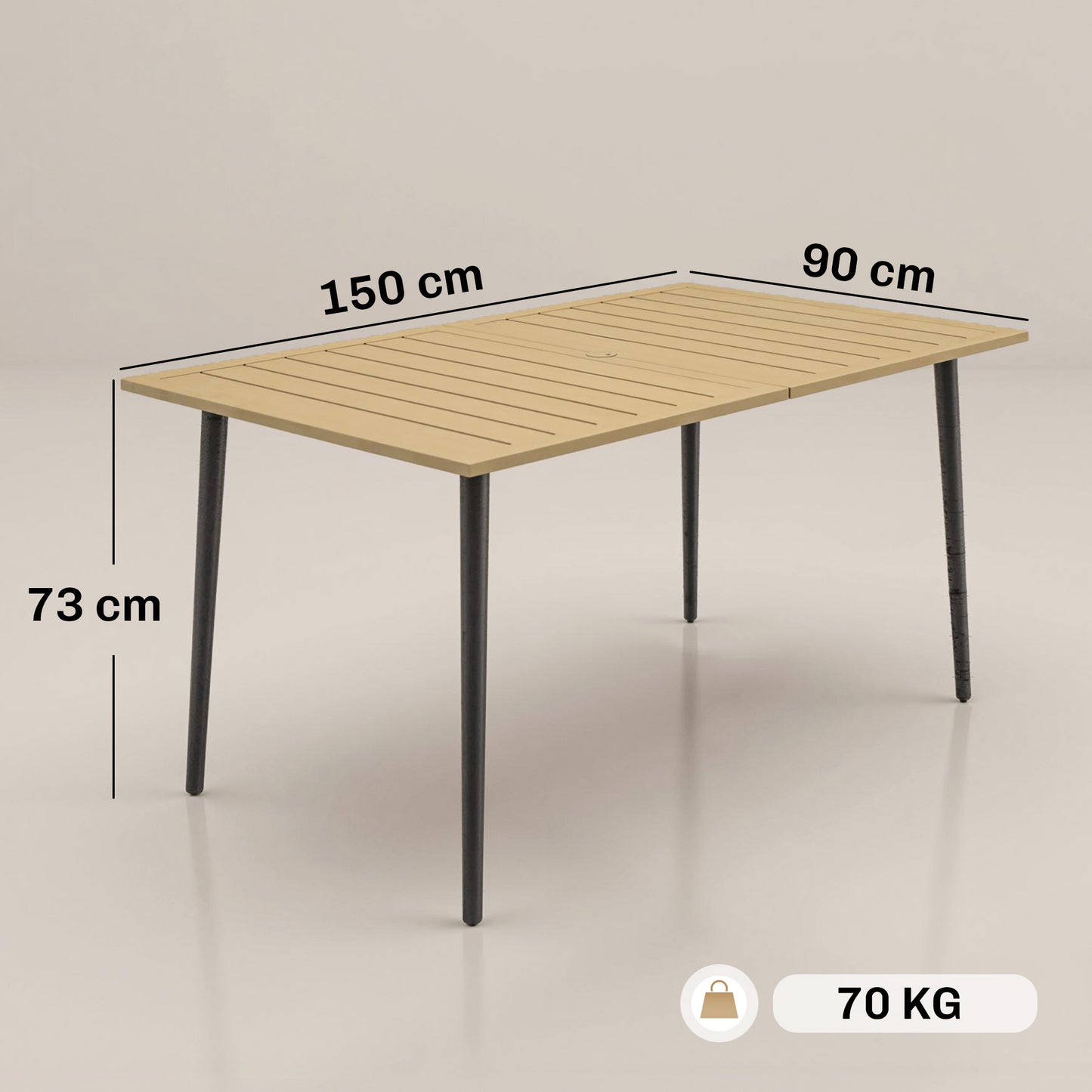 Garden Dining Table, 150 x 90 cm Rectangle Outdoor Table with 5 cm Parasol Hole