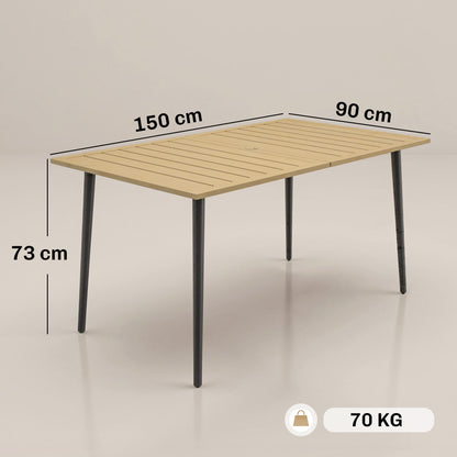 Garden Dining Table, 150 x 90 cm Rectangle Outdoor Table with 5 cm Parasol Hole