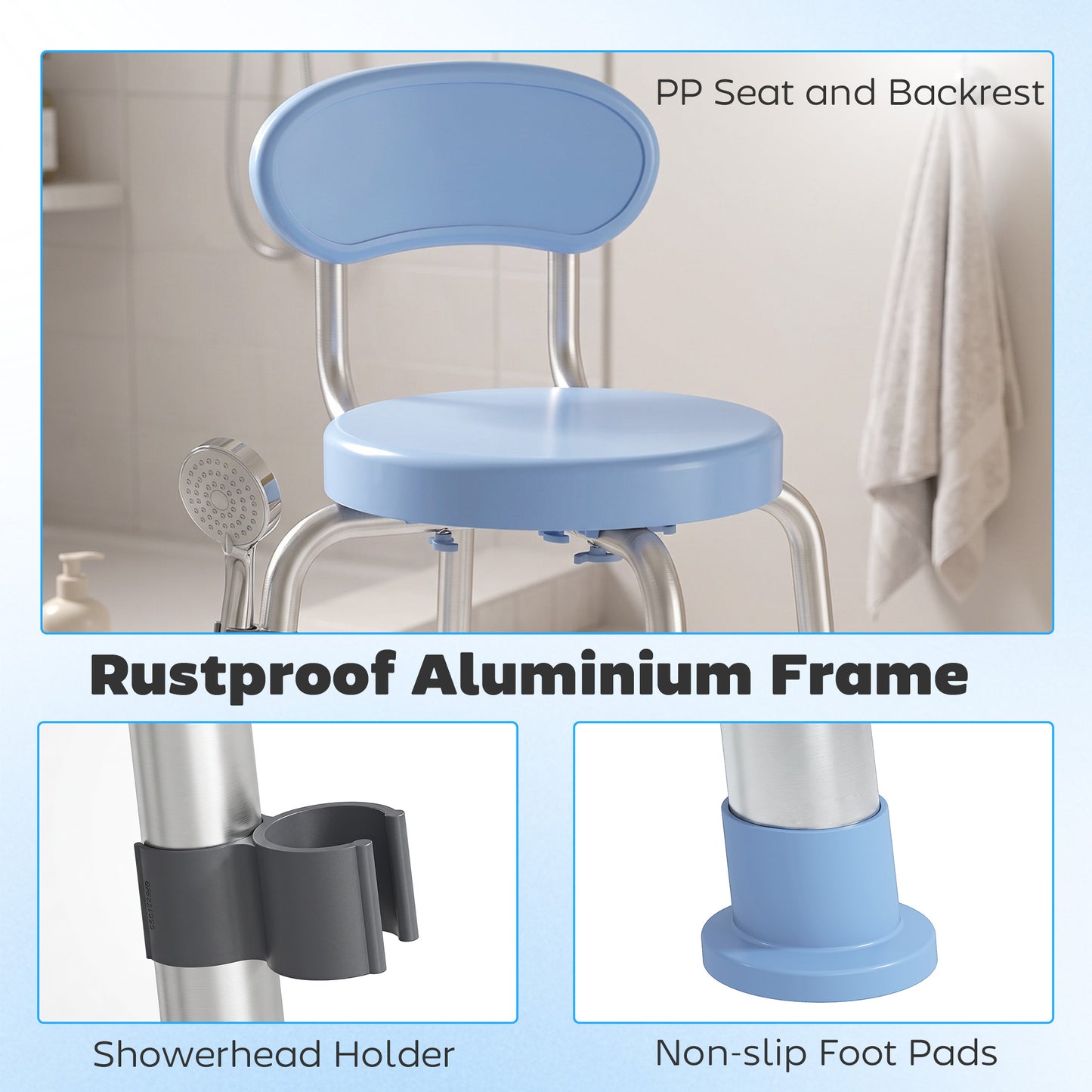 360° Swivel Shower Stool with Aluminium Frame, 5-Level Adjustable Height, Backrest, Non-Slip Shower Chair for Elderly