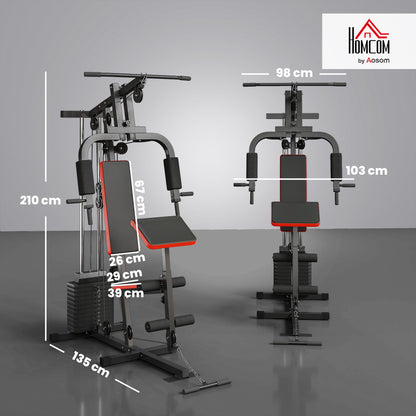 Multigym Station, with 66KG Weight Stack, for Strength Training - Red & Black