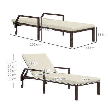Outdoor Sun Lounger, Rattan Wicker Chaise Recliner with 5-Level Adjustable Backrest and 2 Wheels