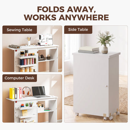 Folding Sewing Table, Drop Leaf Craft Table with Storage Bins, Open Shelf and Wheels
