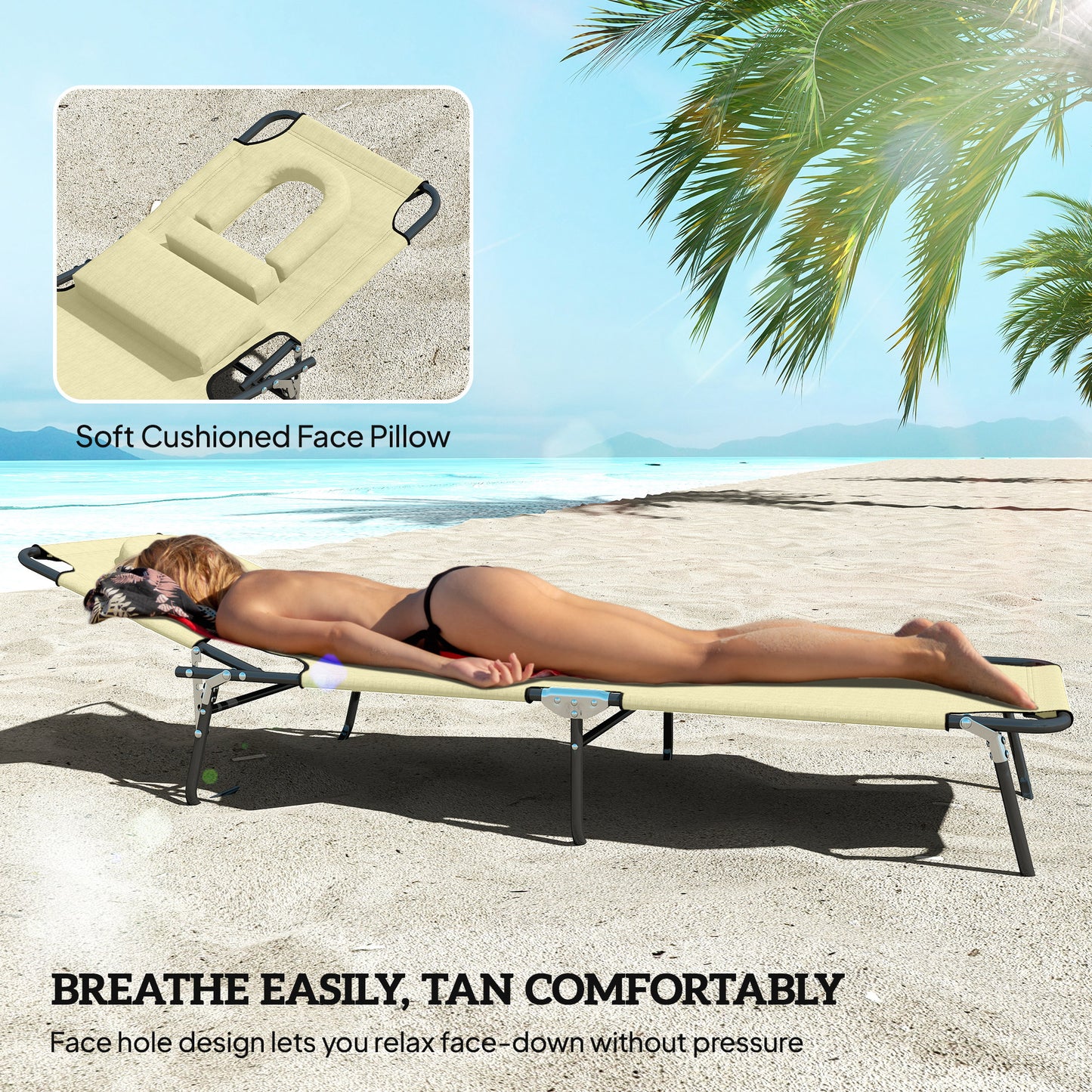 Folding Sun Loungers Set of 2 with Face Hole, 4-Position Adjustable Backrest Garden Recliner Chair Sunbed
